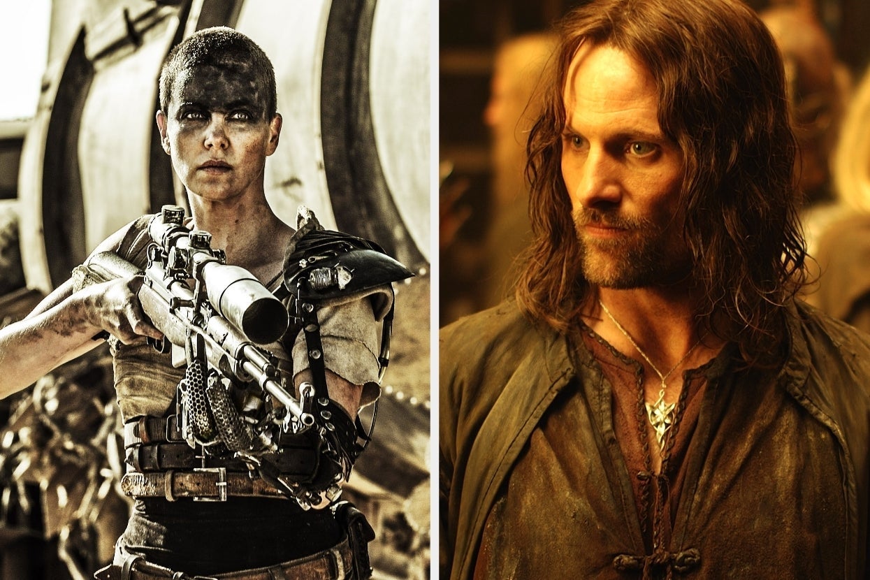 Side-by-side of two movie characters: one in rugged, post-apocalyptic attire holding a weapon; the other in medieval, warrior clothing