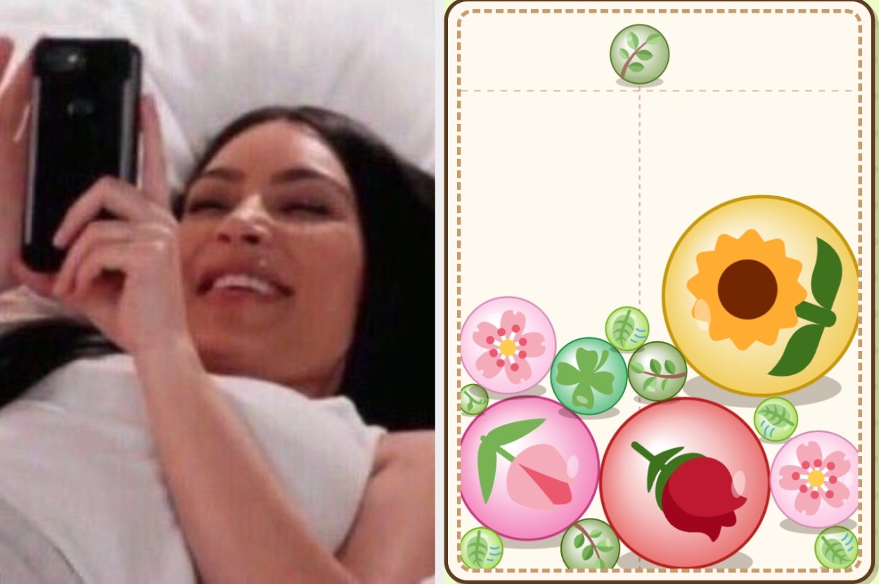 Person smiling at phone while relaxing, next to a screen showing a digital game interface with floral-themed bubbles