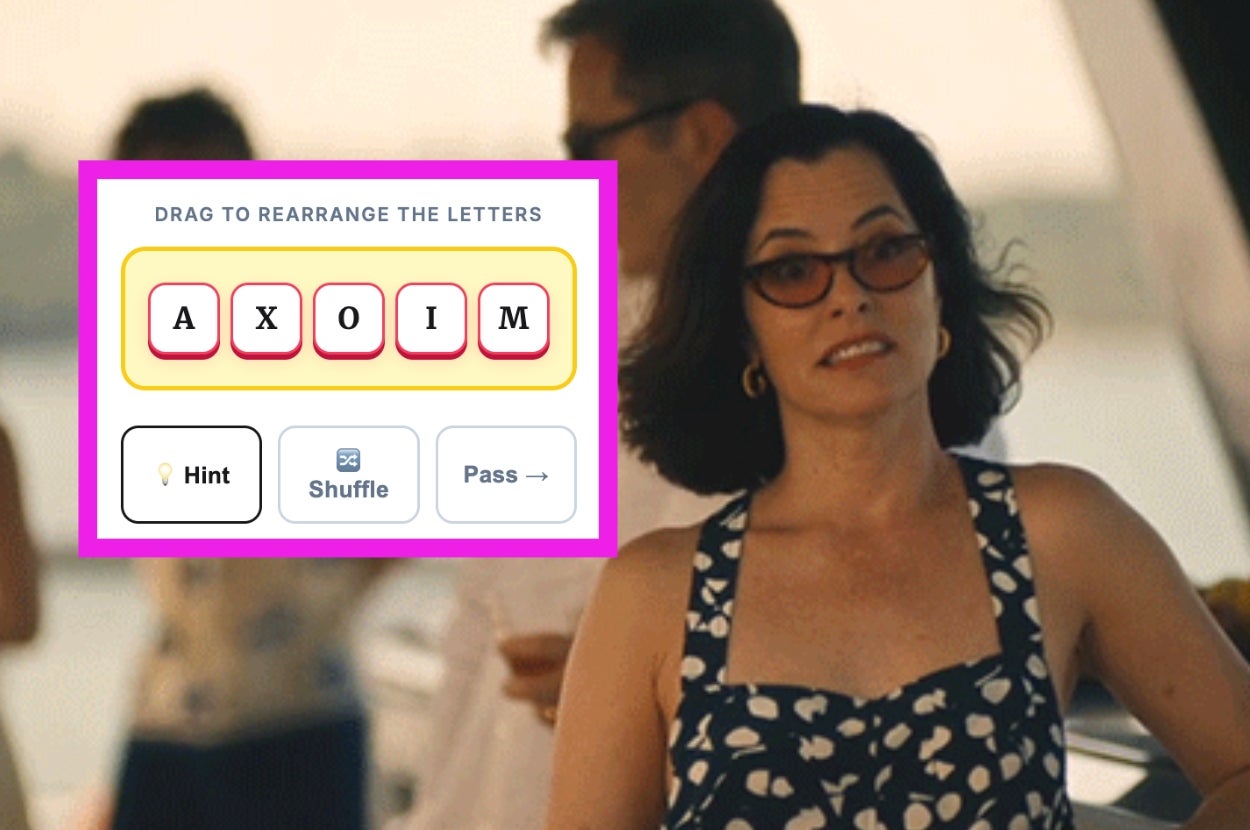 A woman in a patterned dress smiles near a word puzzle game interface showing letters "A X O I M" to rearrange