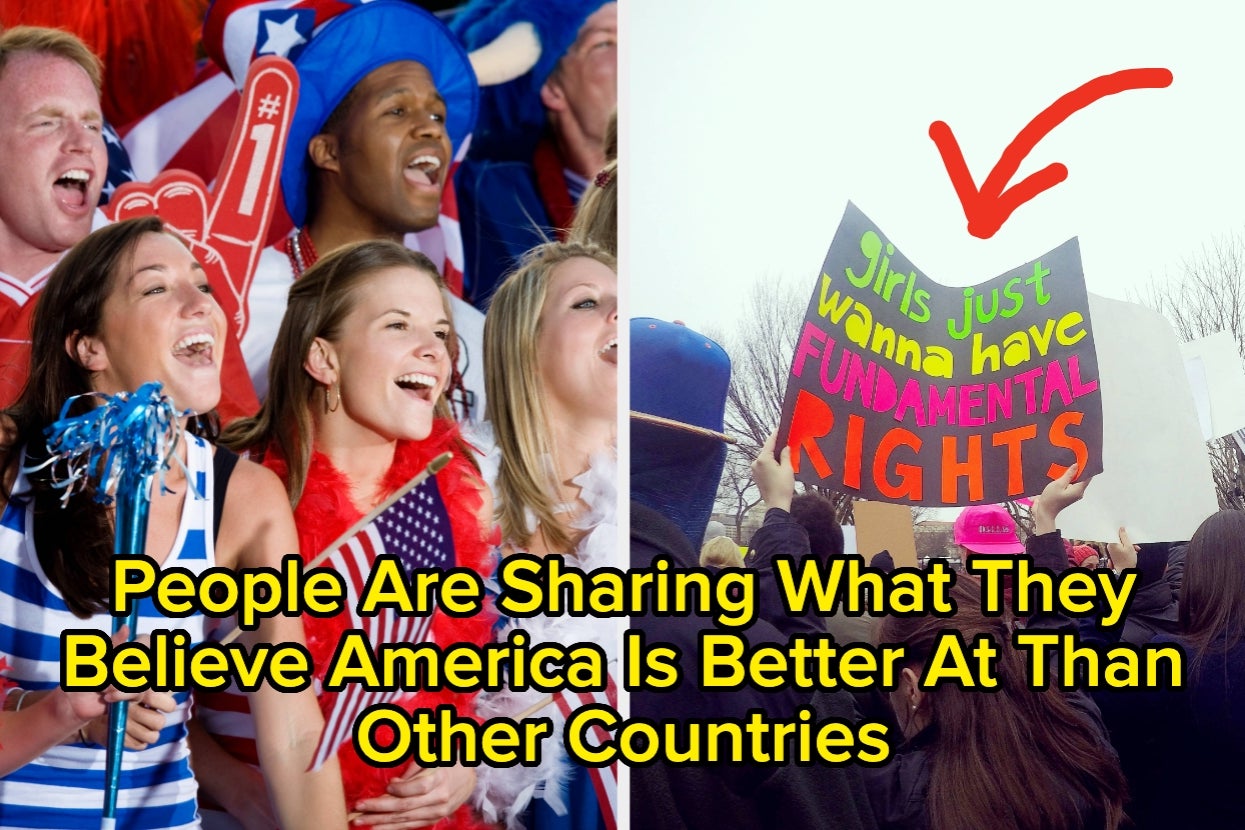 Split image: Left shows enthusiastic crowd at a sports event; right shows a protester with a "Girls just wanna have fundamental rights" sign