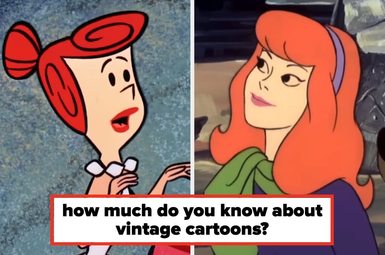 Two vintage cartoon characters side by side: one with pearl necklace and hair up, the other with scarf. Text: "how much do you know about vintage cartoons?"