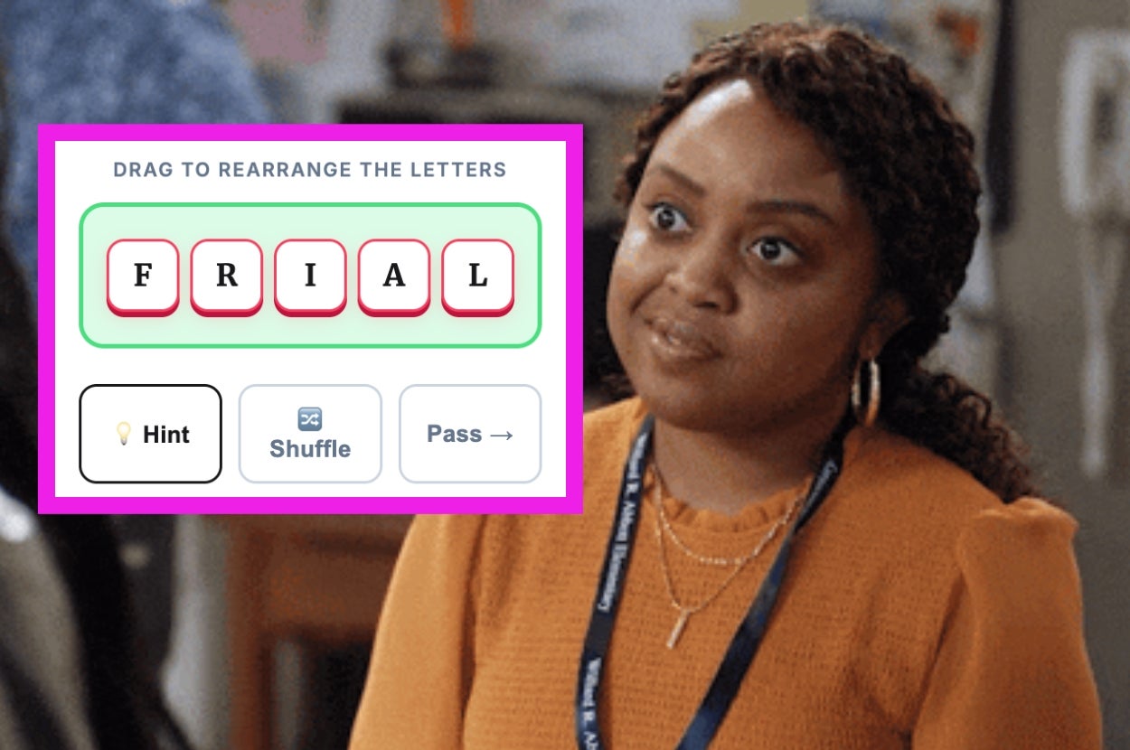 Woman watching a word puzzle game on a screen displaying scrambled letters "FRIAL" with options to hint, shuffle, or pass