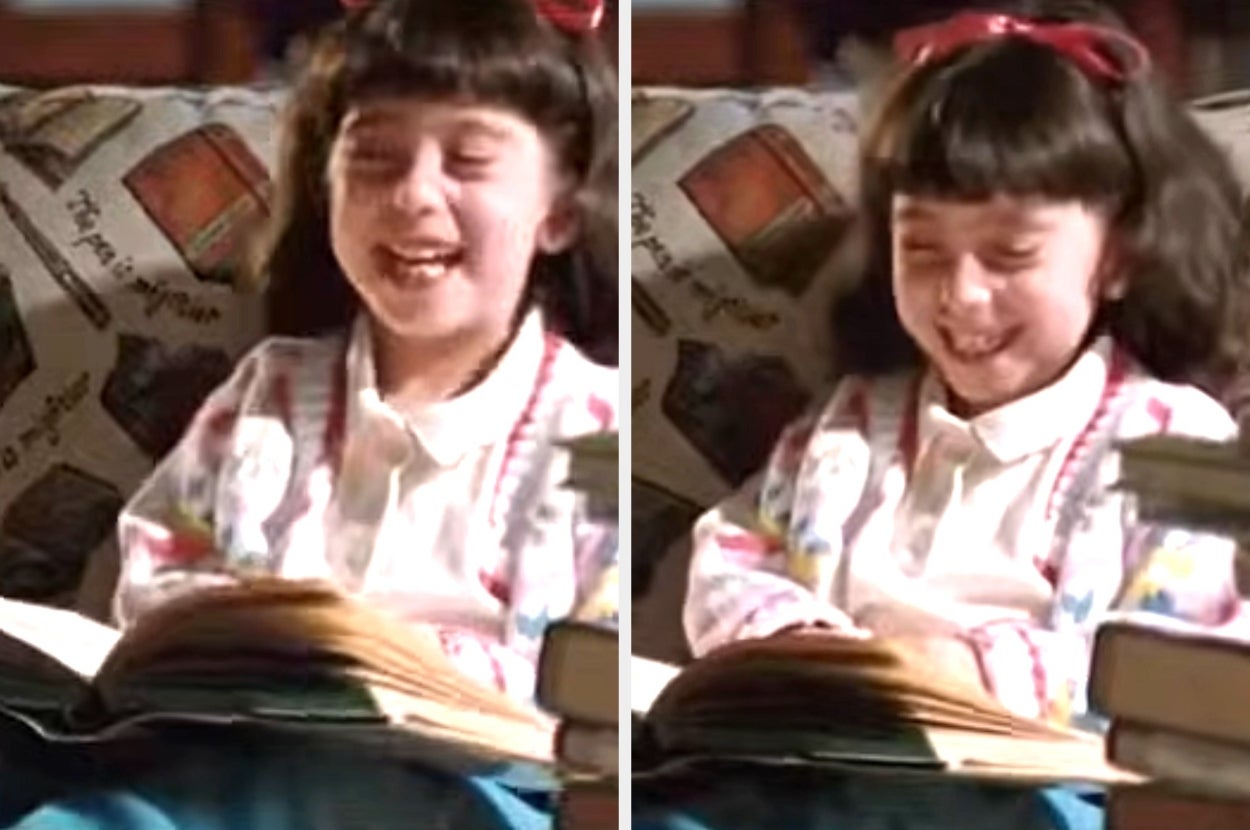 Matilda laughing and reading a book