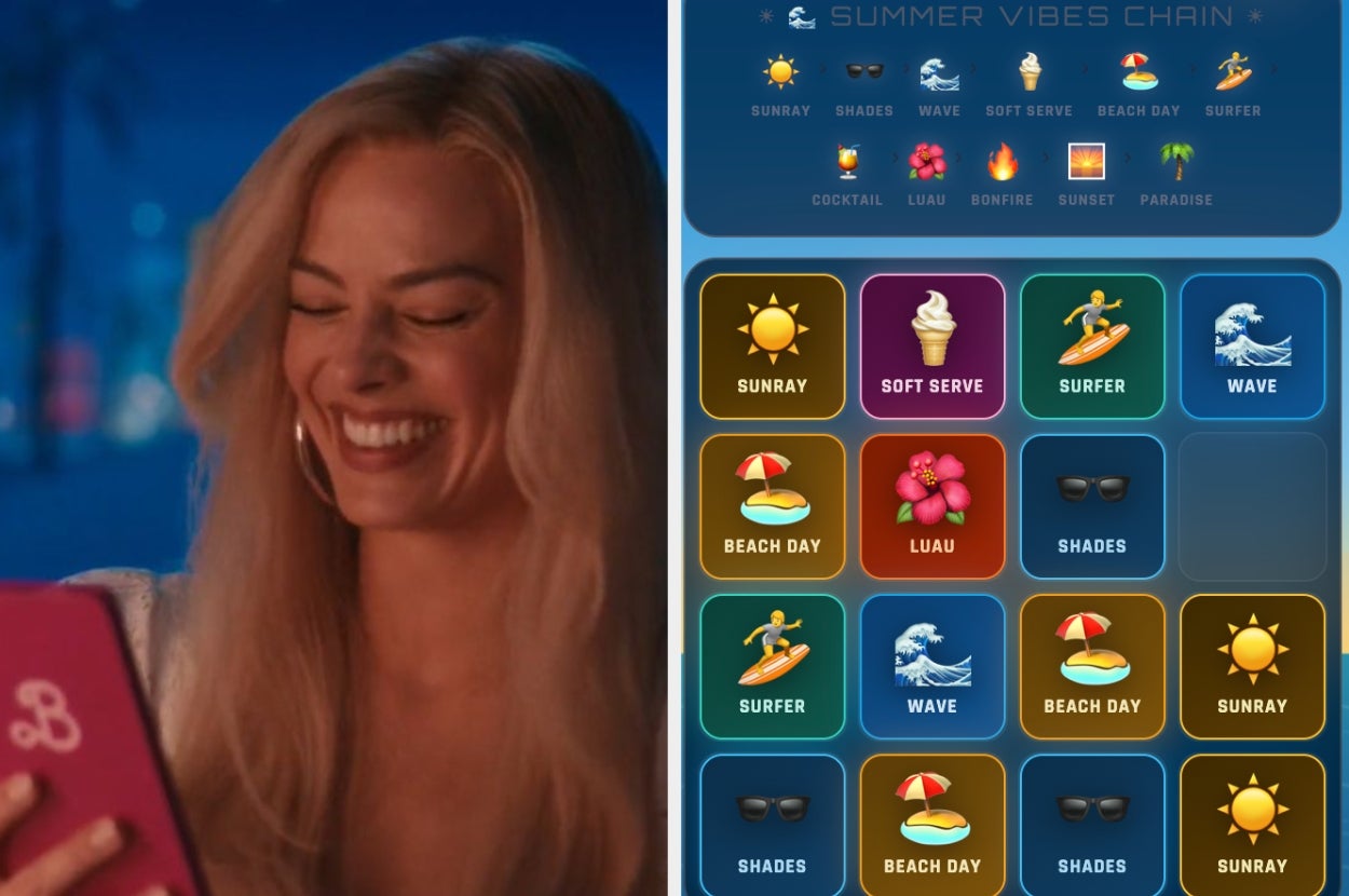 A woman smiles at her phone next to a grid of summer-themed icons, including sun, ice cream, and sunglasses, possibly from a game interface