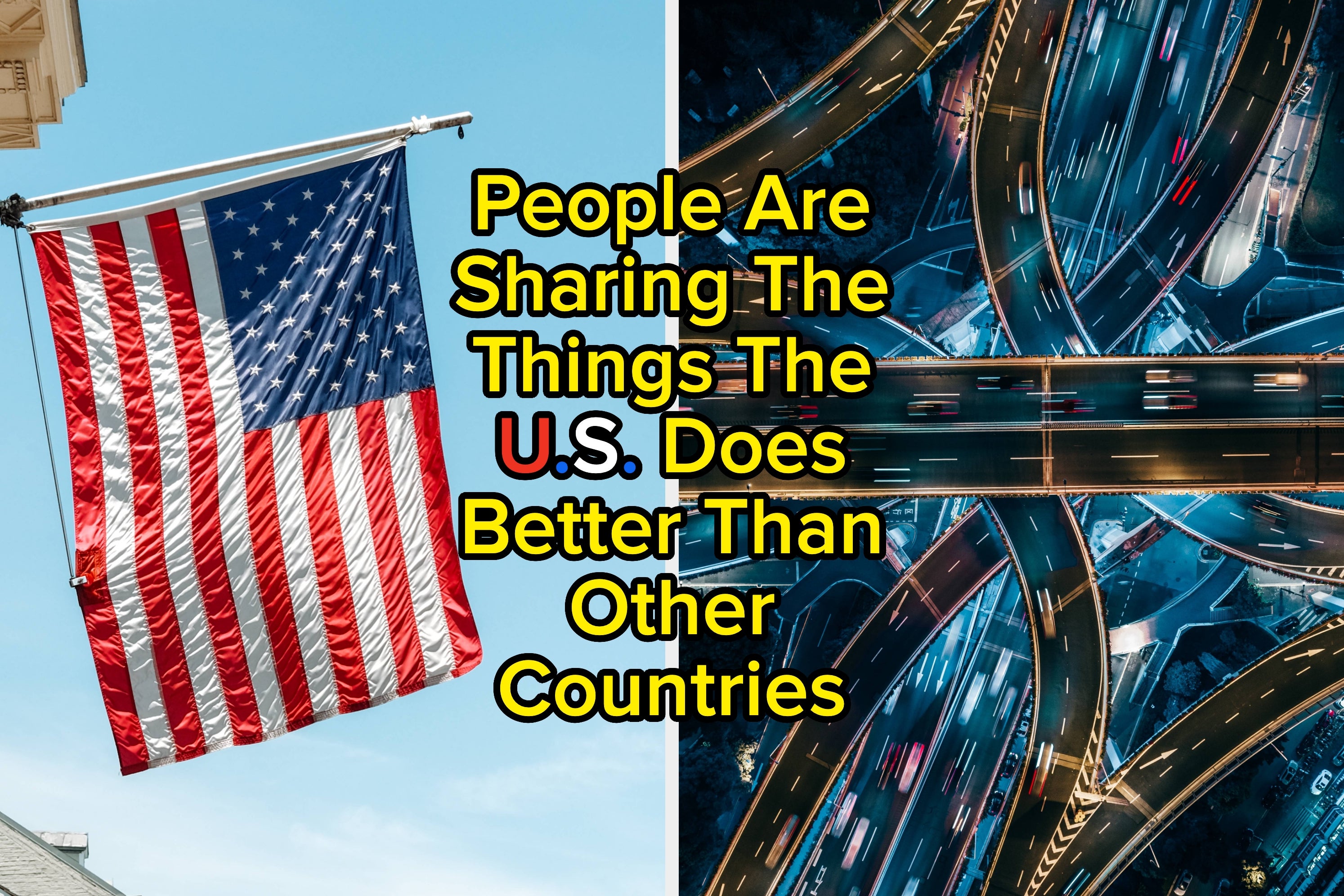 Left: American flag on a building. Right: Aerial view of a busy highway interchange at night