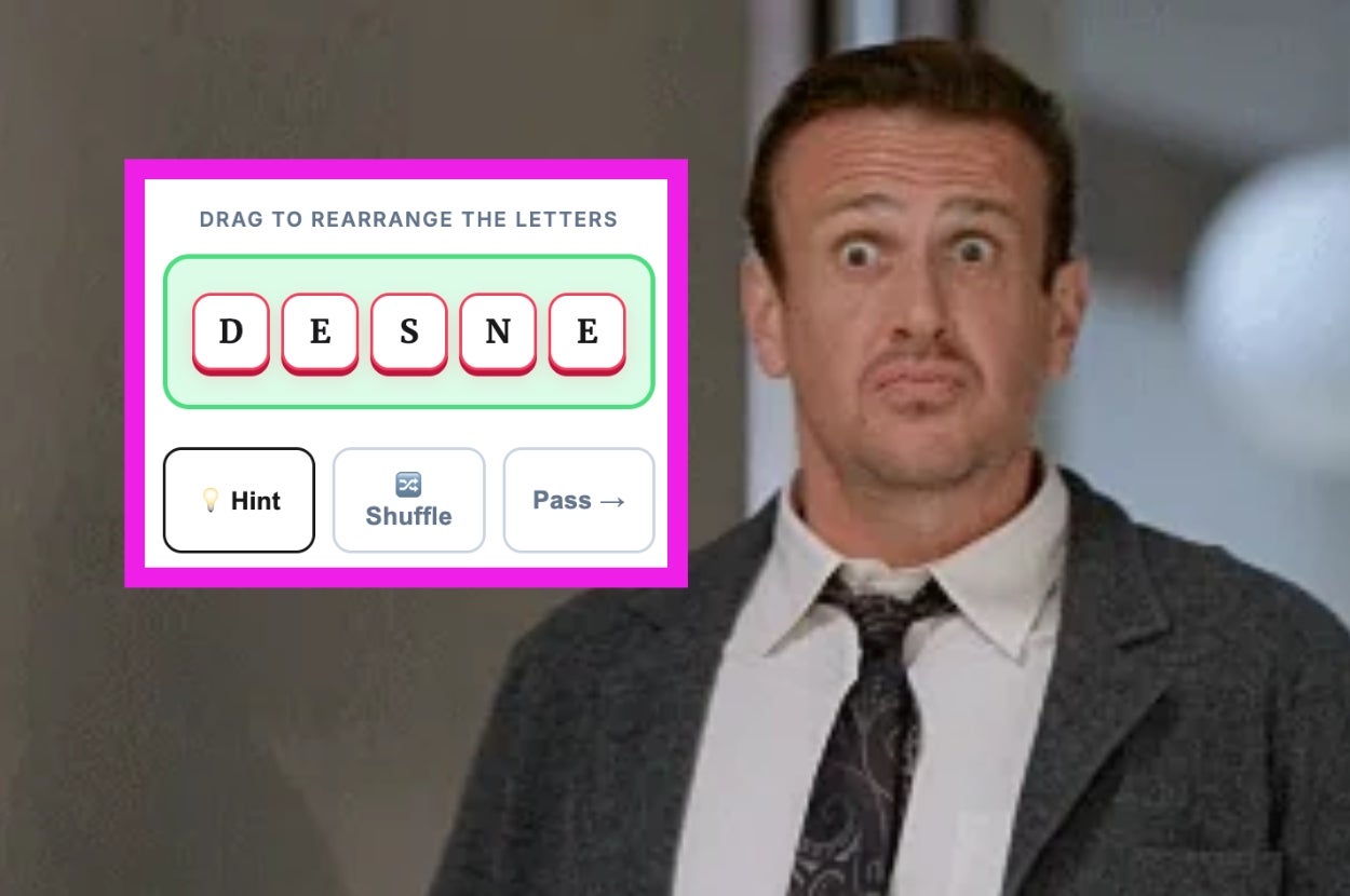 Person looking surprised next to a word game puzzle with letters "DESNE" to rearrange. Hint, Shuffle, and Pass options available