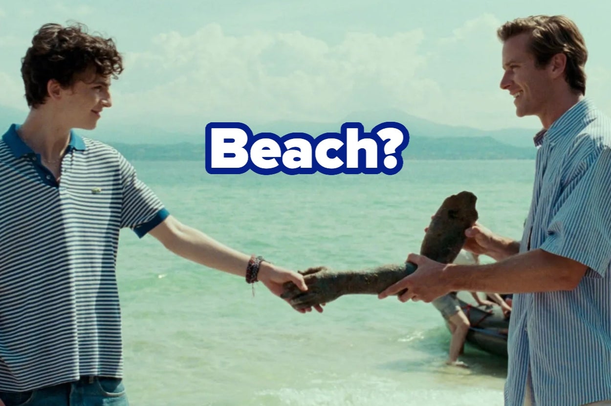 Two people on a beach, each holding one end of a log, with playful text "Beach?" superimposed above