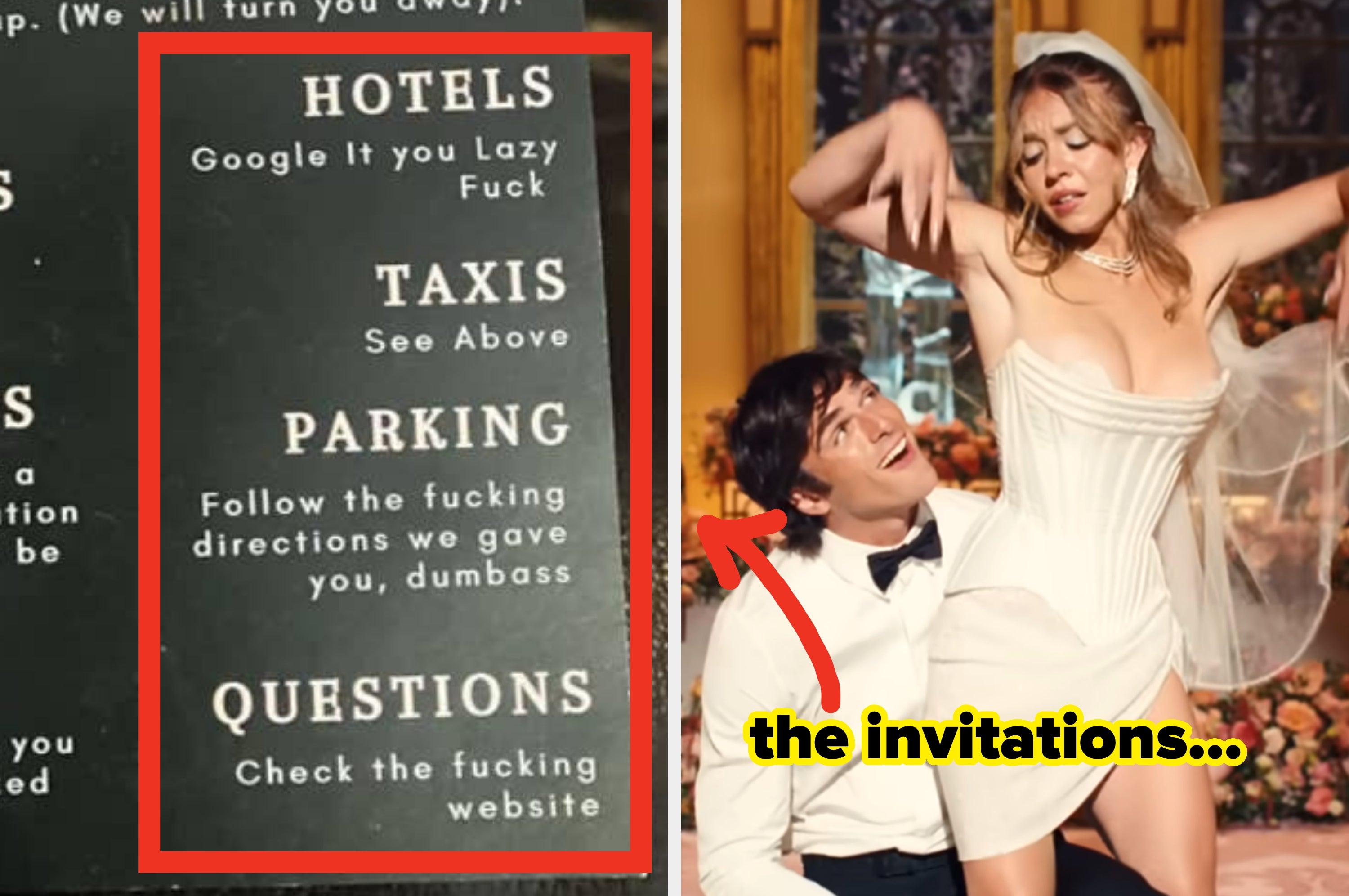 Left side text: Sarcastic wedding information with humorous profanity. Right side: A person in a short, structured dress and veil dancing with another person