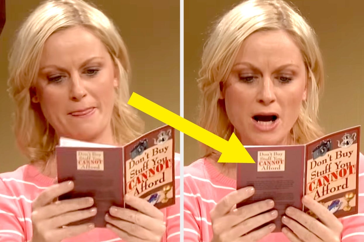 Person reading a book titled "Don't Buy Stuff You Cannot Afford," reacting with surprise. Article on financial habits