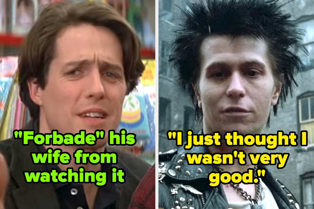 hugh grant in nine months captioned "Forbade his wife from watching it" and gary oldman in sid & nancy captioned "I just thought I wasn't very good"