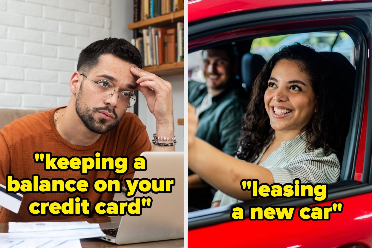 Man pondering finances; text: "keeping a balance on your credit card." Woman happily in the driver's seat; text: "leasing a new car."