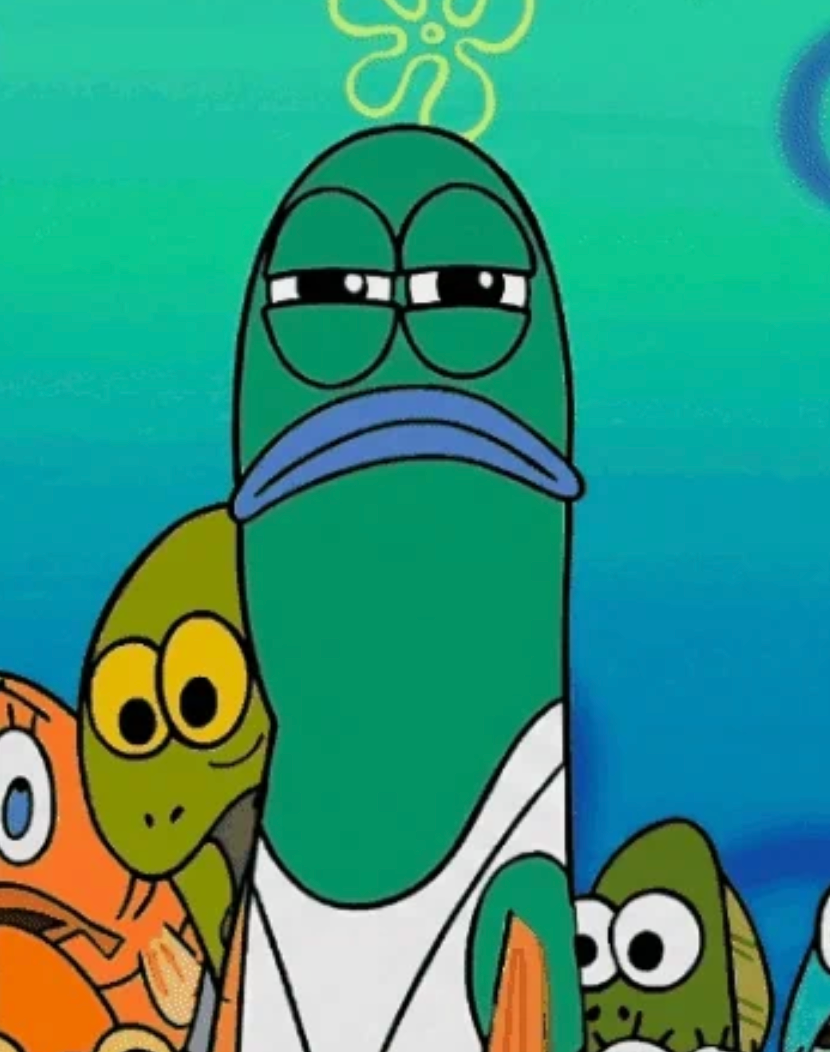 Cartoon food  with a skeptical look  stands among different   animated characters successful  an underwater setting