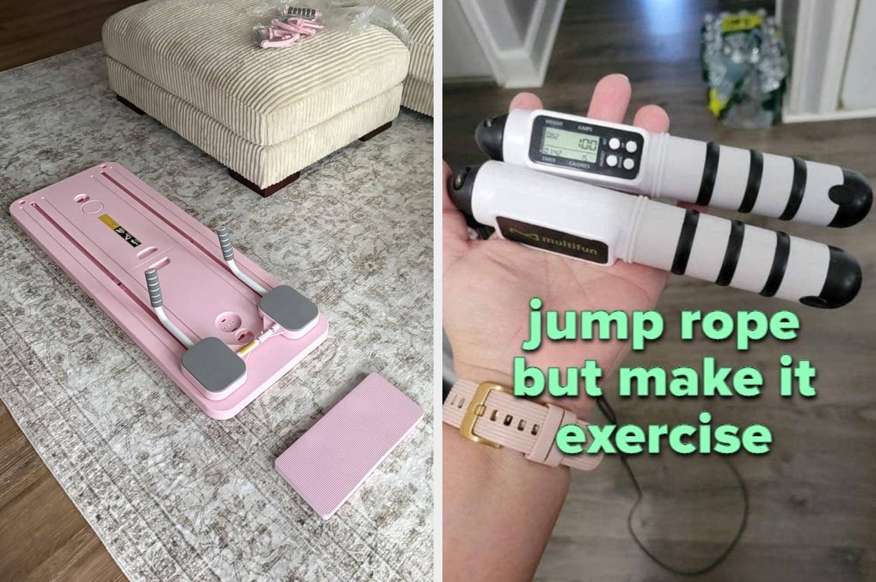 Foldable mini-steppers and digital jump rope on display for home exercise shopping