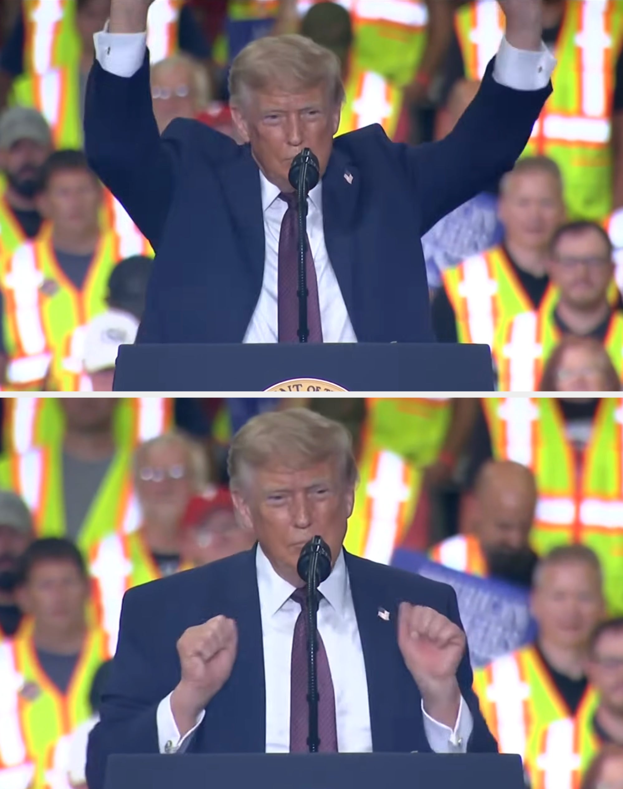 A idiosyncratic   astatine  a podium gestures energetically, addressing an audience. Workers successful  information   vests are disposable   successful  the background
