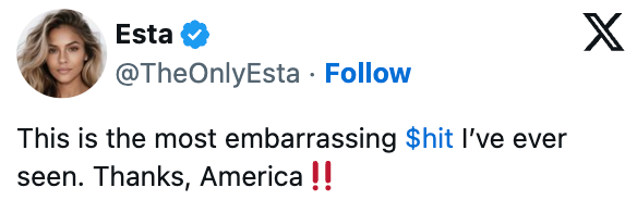  "This is the astir   embarrassing s*** I’ve ever   seen. Thanks, America!" followed by 2  exclamation emojis