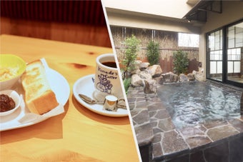 テーブルにパン、サラダ、フルーツ、コーヒーのカップが並ぶシンプルな朝食セット。