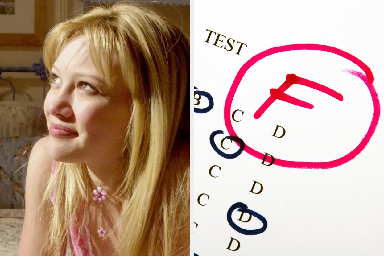 Person looking upwards next to a test paper with an 'F' circled in red
