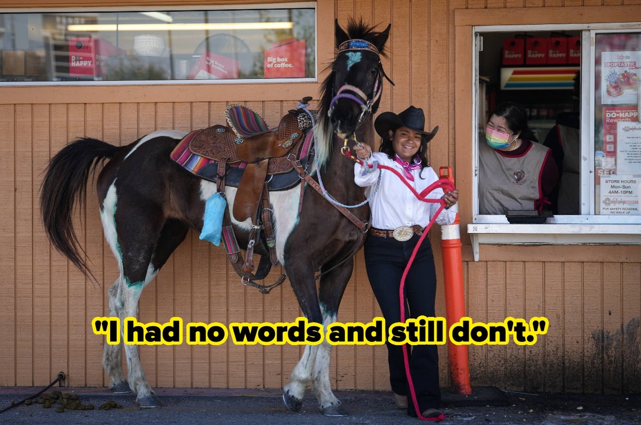 Cowgirl on horseback orders at a drive-thru window, with large text saying, "I had no words and still don't."