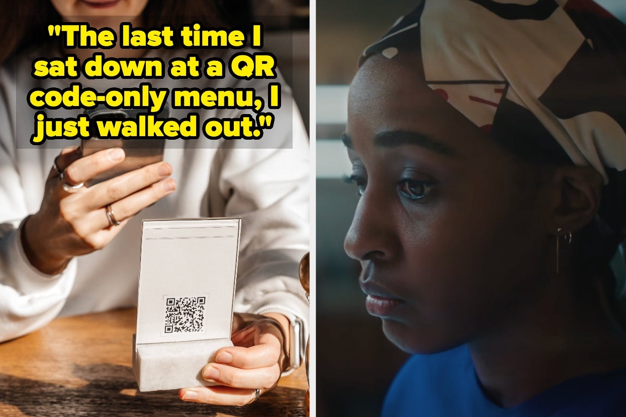 Left: Person holding phone near QR code menu. Right: Person looks concerned. Text: "The last time I sat down at a QR code-only menu, I just walked out."