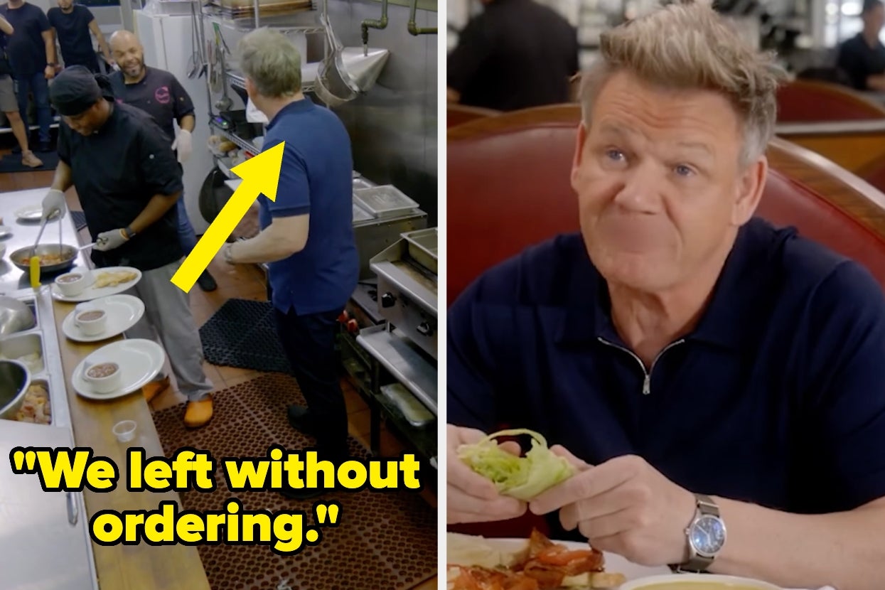 Image of chefs cooking in a kitchen and a person eating in a restaurant. Caption: "We left without ordering."