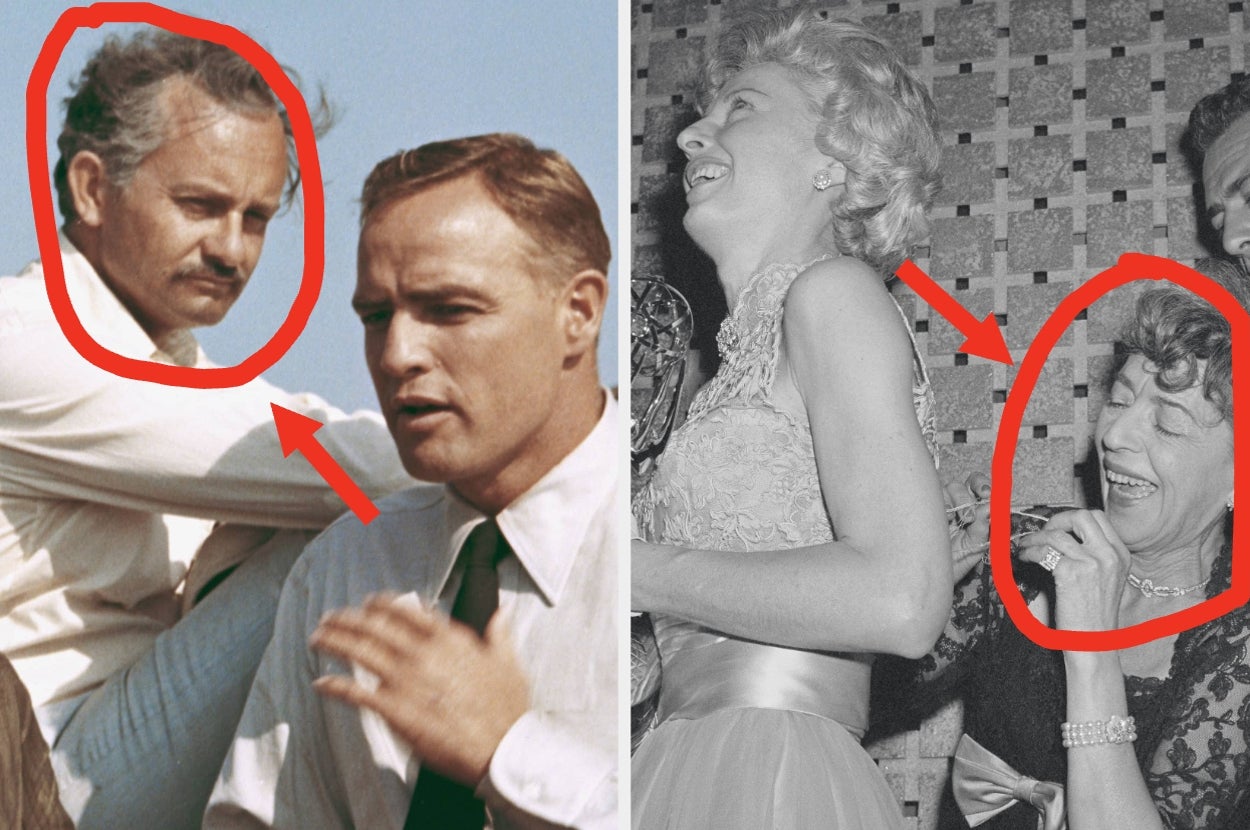 Two vintage photos: Left shows two men in suits, one gesturing. Right shows two women laughing, one in a lace dress. Red circles highlight heads