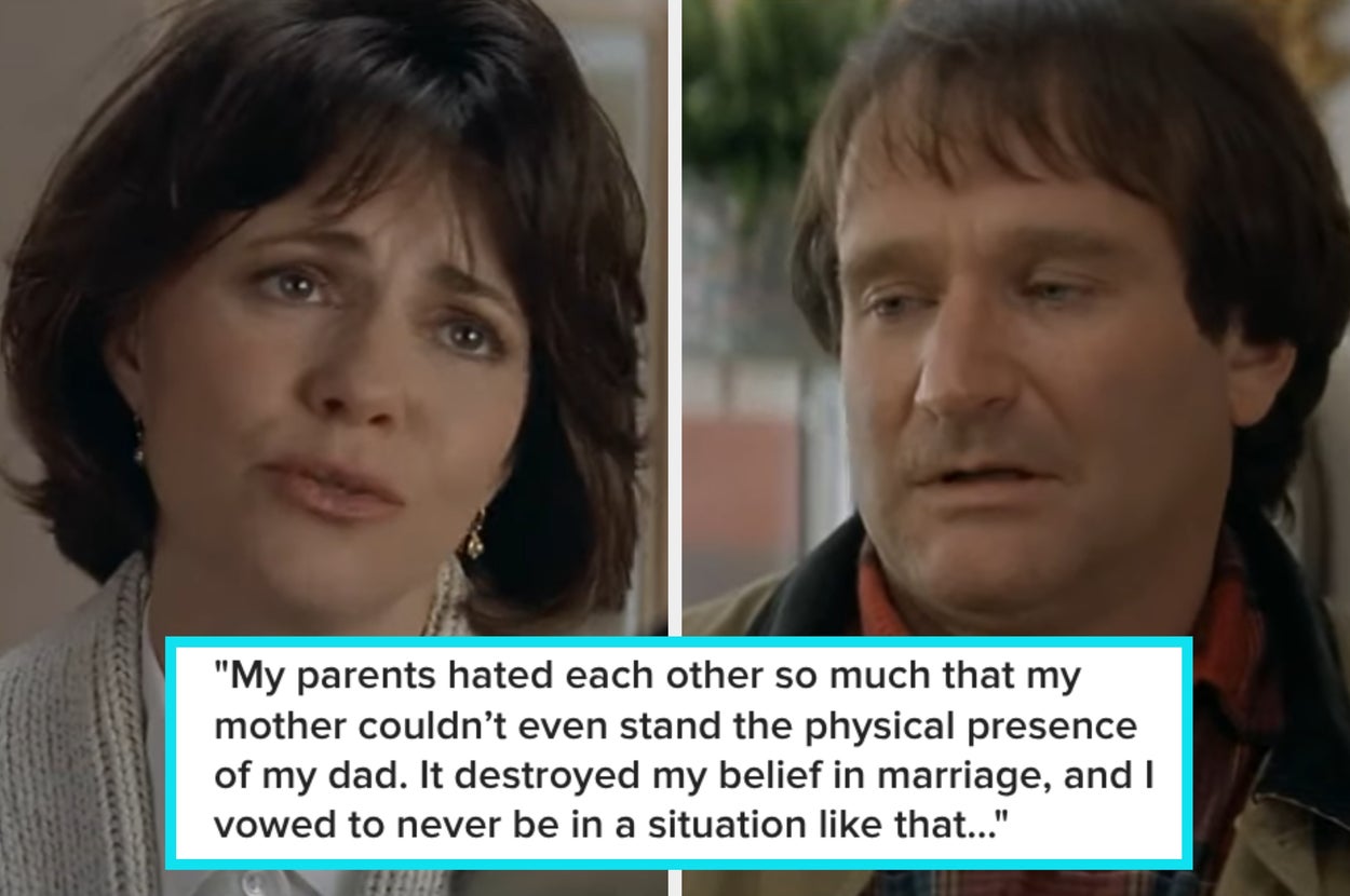 A scene with two people having a conversation. Caption discusses the negative impact of parents' conflicts on belief in marriage
