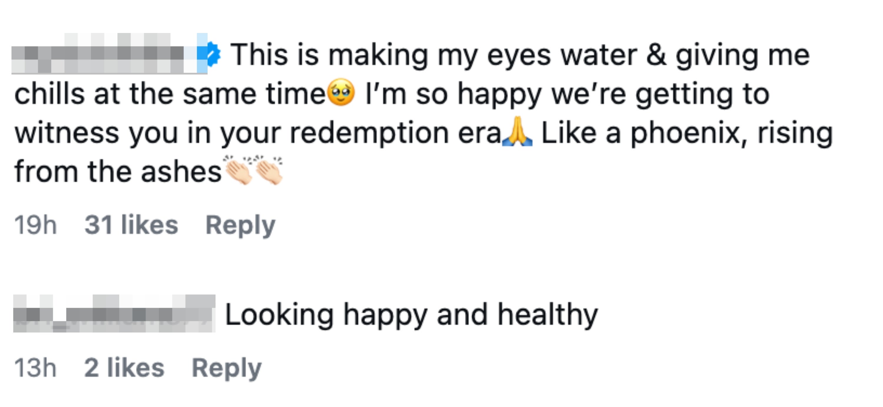 Comments praising Collin's comeback and expressing happiness for his affirmative  transformation