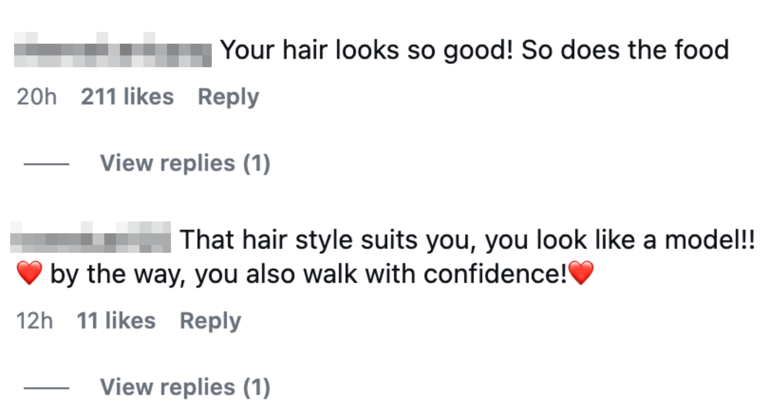 Two societal  media comments complimenting Collin's hairstyle, modeling appearance, and assured  demeanor