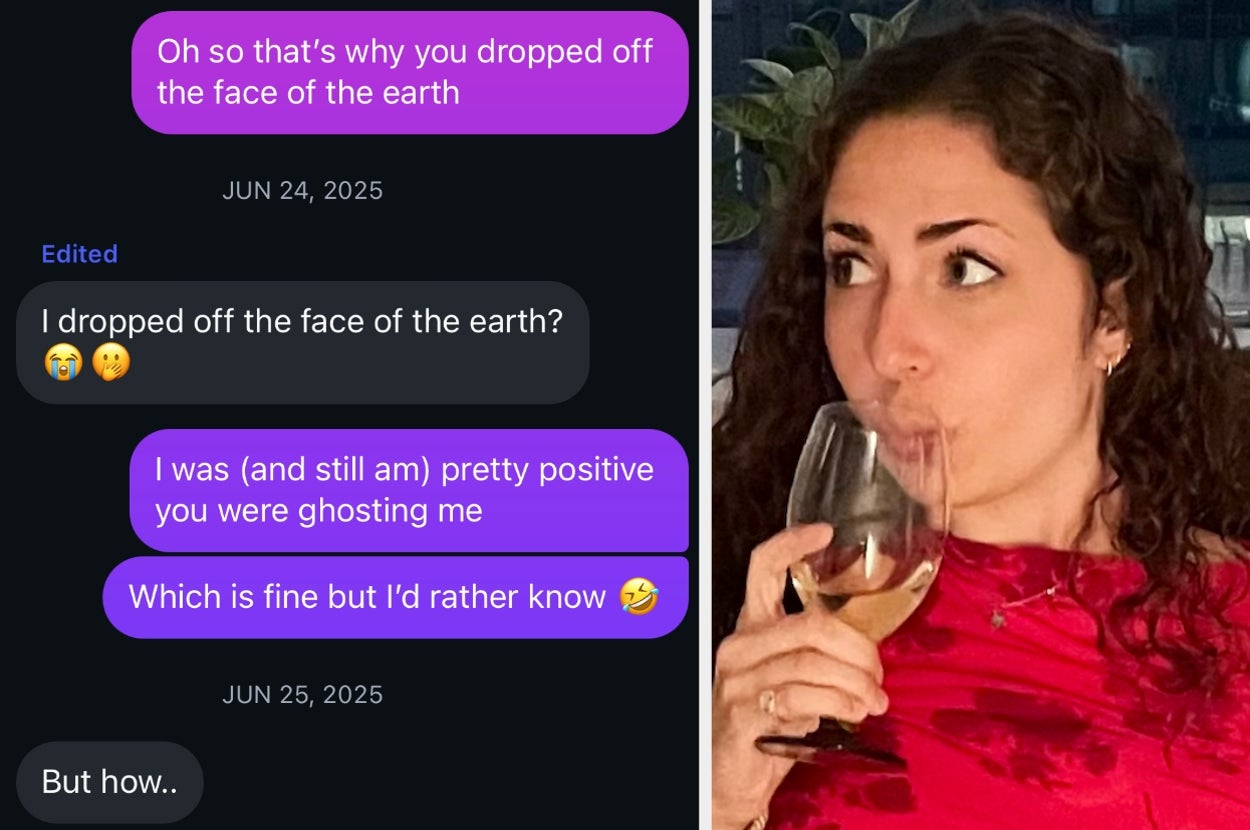 Text conversation with emojis about feeling ghosted, next to a person sipping a drink. The context is about relationships and communication