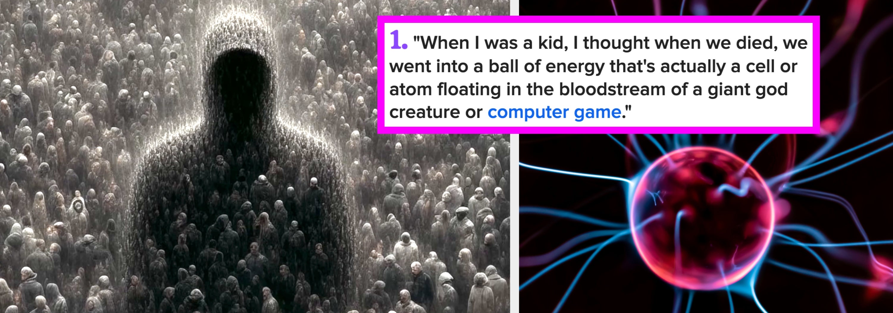 Silhouette surrounded by crowd; text reflection on life as energy in a giant being or computer game. Image split with abstract neural network