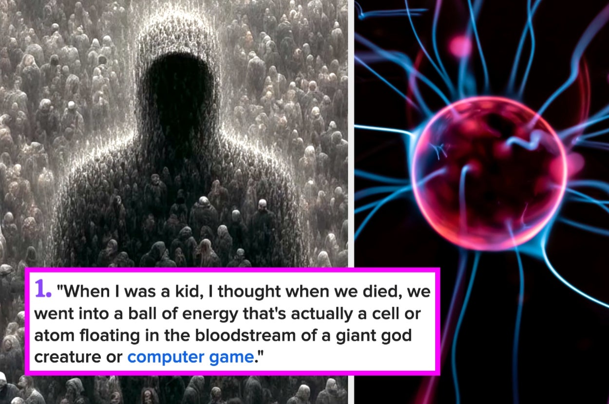 Silhouette surrounded by crowd; text reflection on life as energy in a giant being or computer game. Image split with abstract neural network
