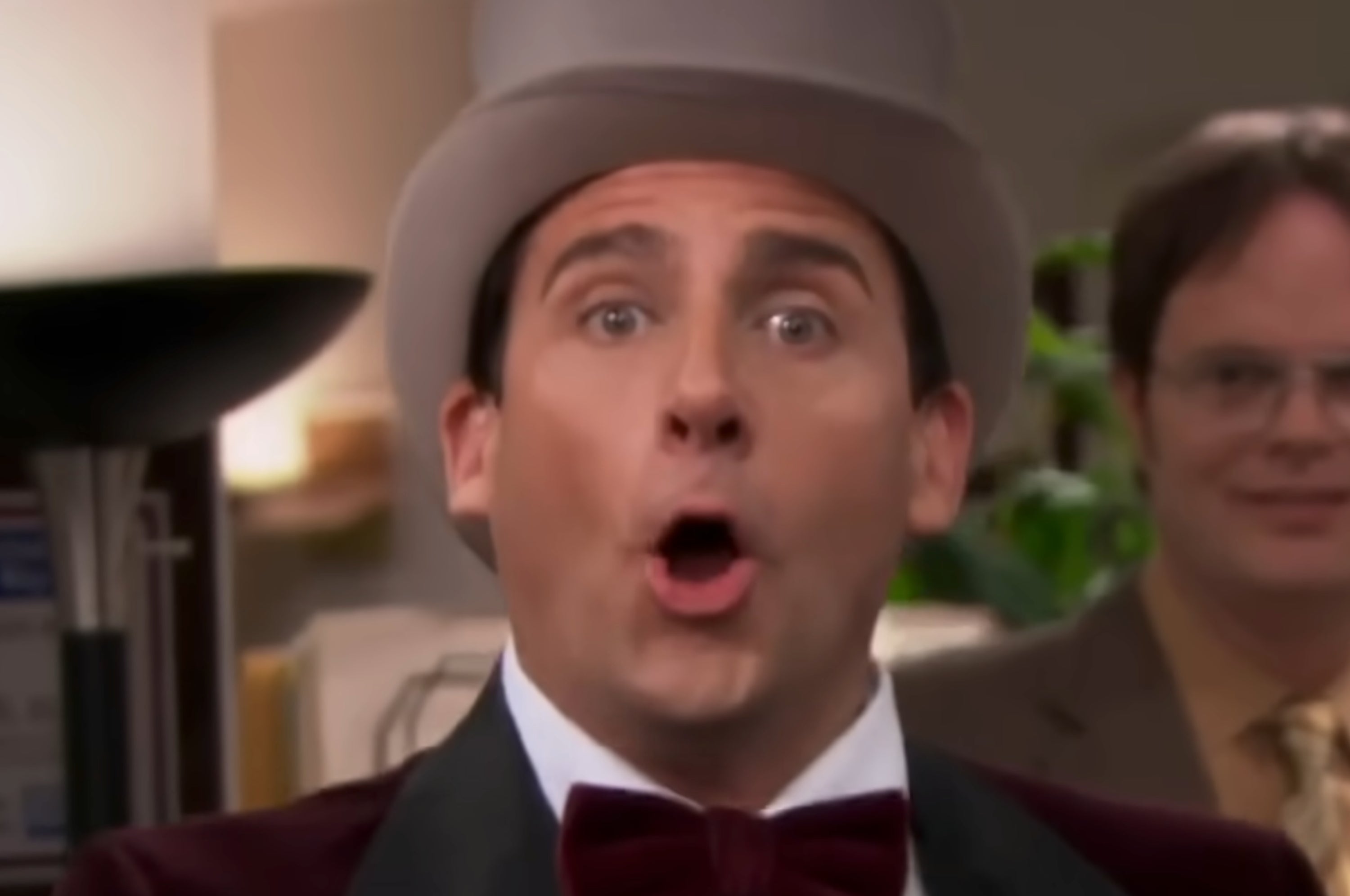 Man in a top hat and bow tie surprised; adjacent grid listing: April Ludgate, Niles Crane, Jim Halpert, and corresponding TV shows