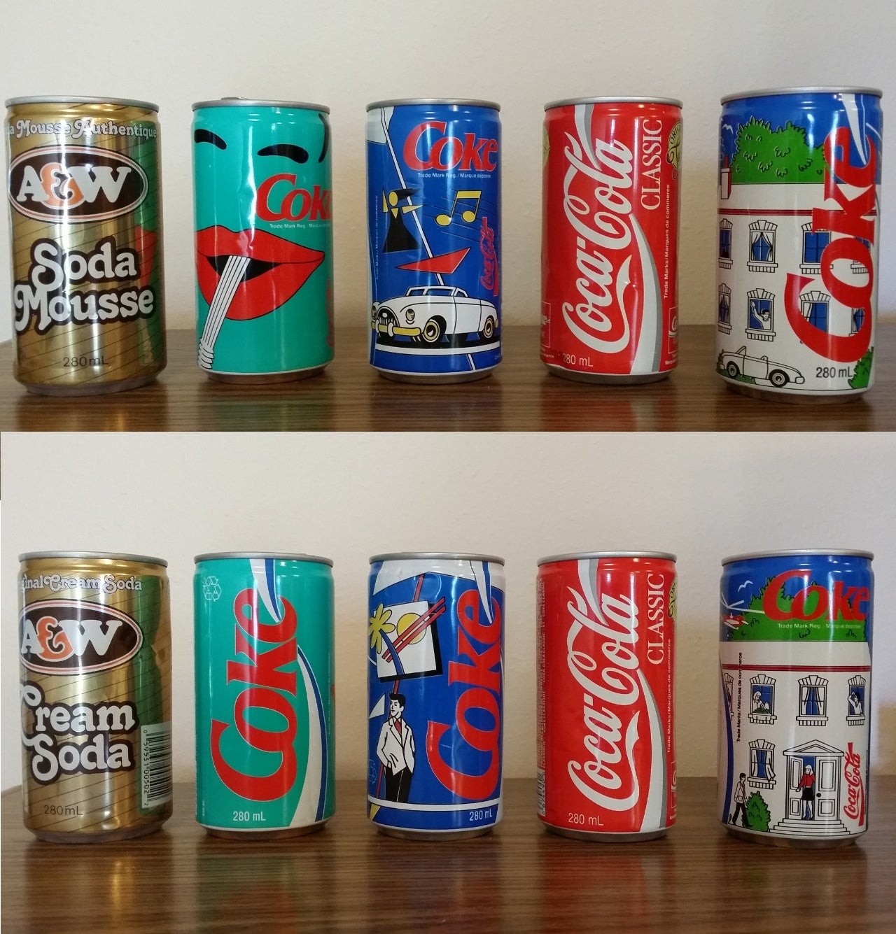 Eight vintage soda cans arranged in two rows display various designs and logos of popular brands like A&W and Coke