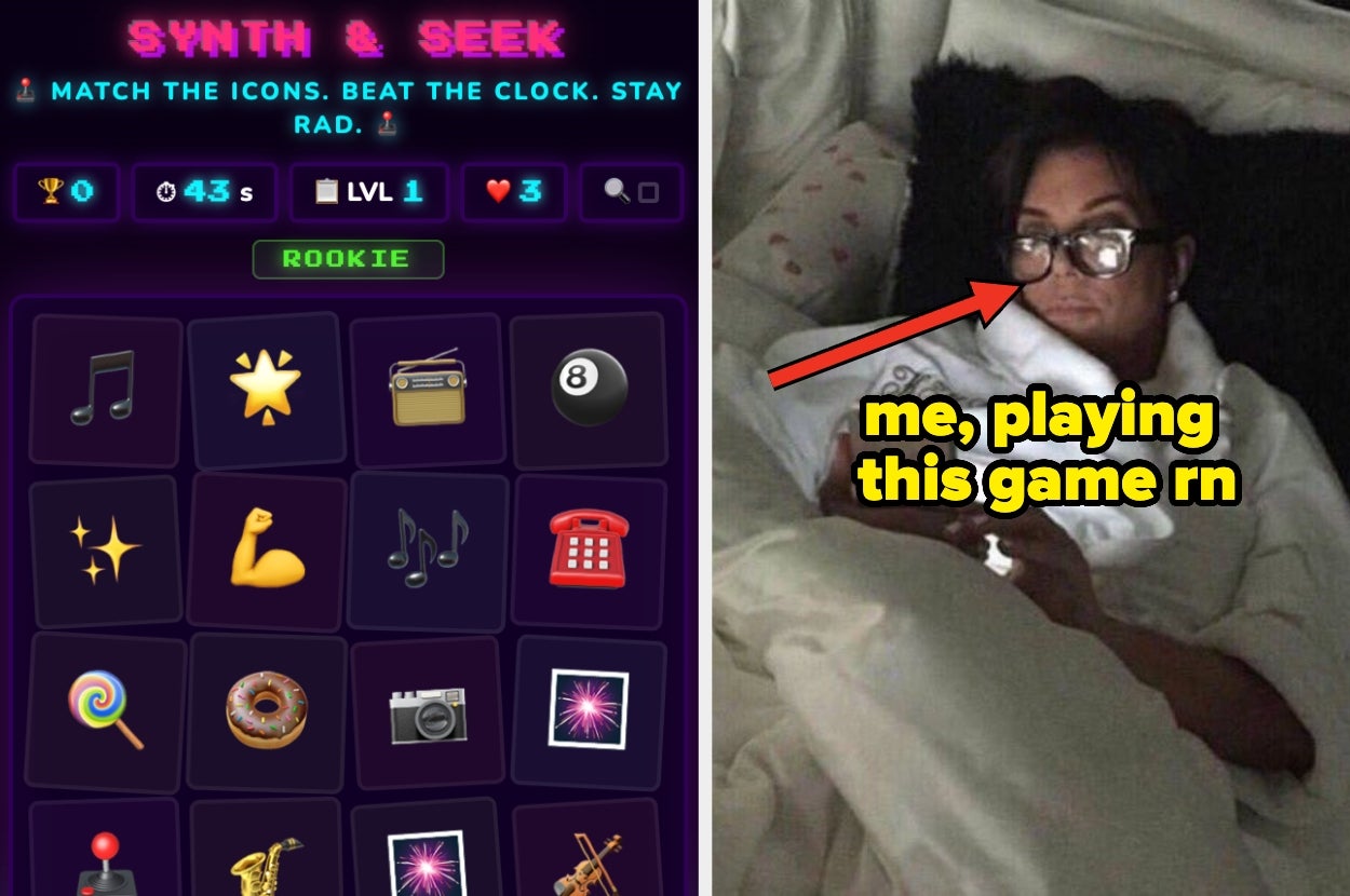 A person in bed with glasses uses a phone. The game "Synth & Seek" is on the left, featuring icons to match and a timer. Text: "me, playing this game rn"
