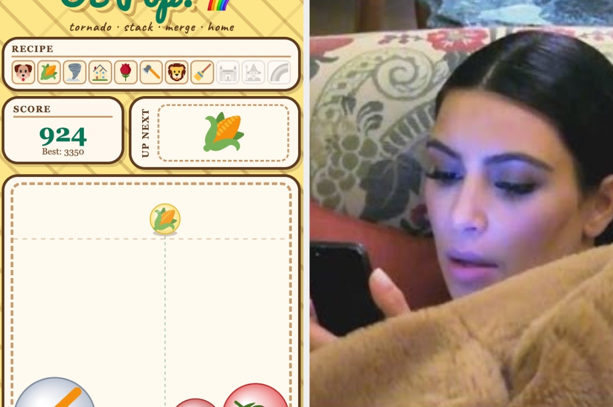A person lounging with a phone next to a game interface showing a score of 924 and an icon of corn up next