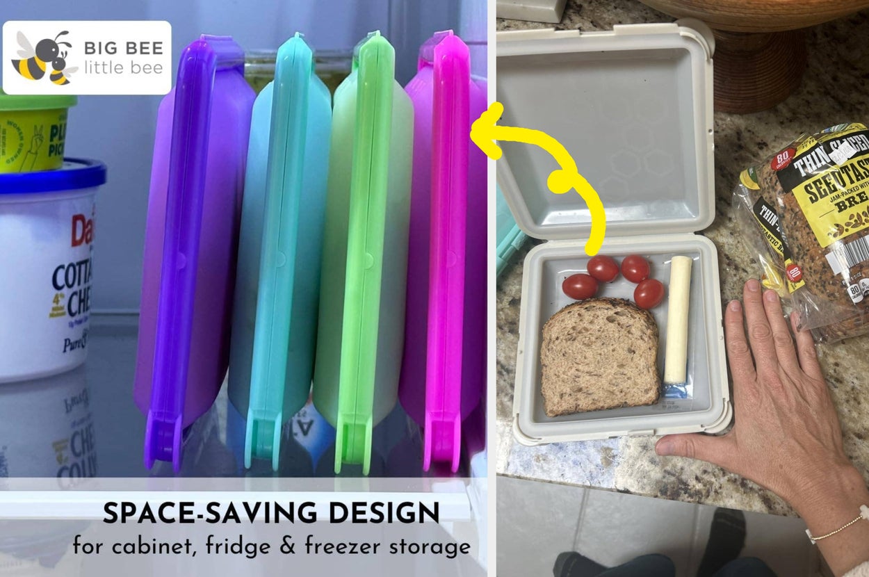 Food containers shown in a cabinet and while storing a sandwich, tomatoes, and cheese, highlighting space-saving design for storage