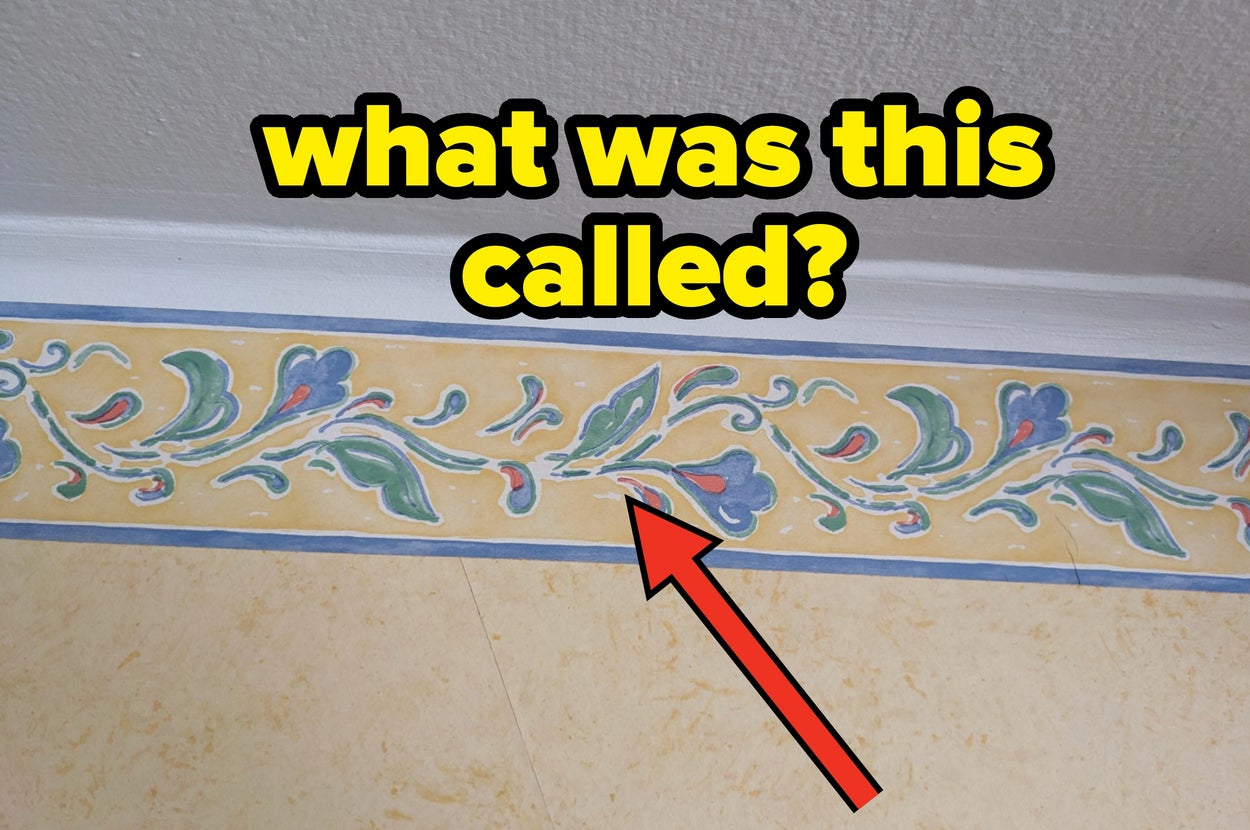 Decorative wallpaper border with a floral pattern, highlighted by a red arrow and text asking, "What was this called?"