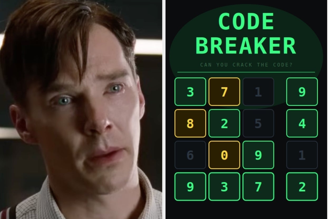 Actor in a scene next to a "Code Breaker" puzzle featuring a 4x3 grid of numbers