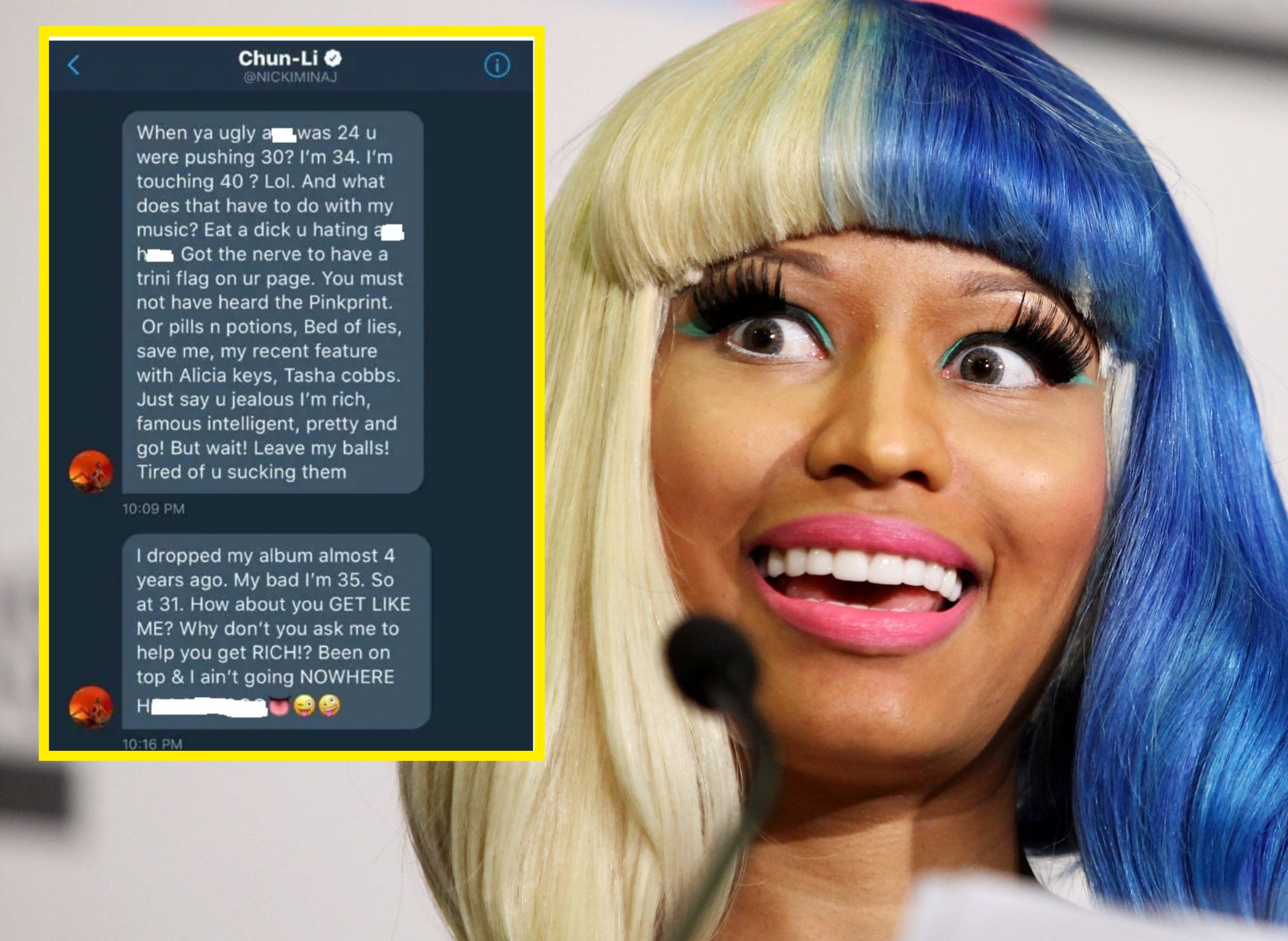 Nicki Minaj with two-toned hair and bright makeup holds a microphone, looking surprised during a media event