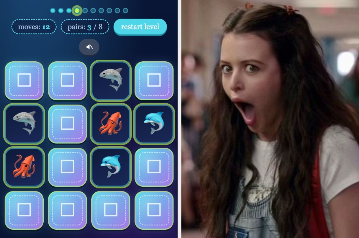 Split image: Left side shows a marine-themed matching game with 12 moves. Right side shows a surprised person with long hair and expressive facial expression