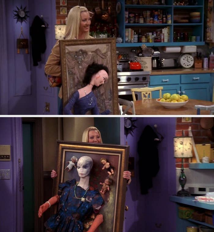 A pistillate   holding 2  akin  paintings with 3D elements wrong  a homey room  setting. The scenes look  from a comedic TV show