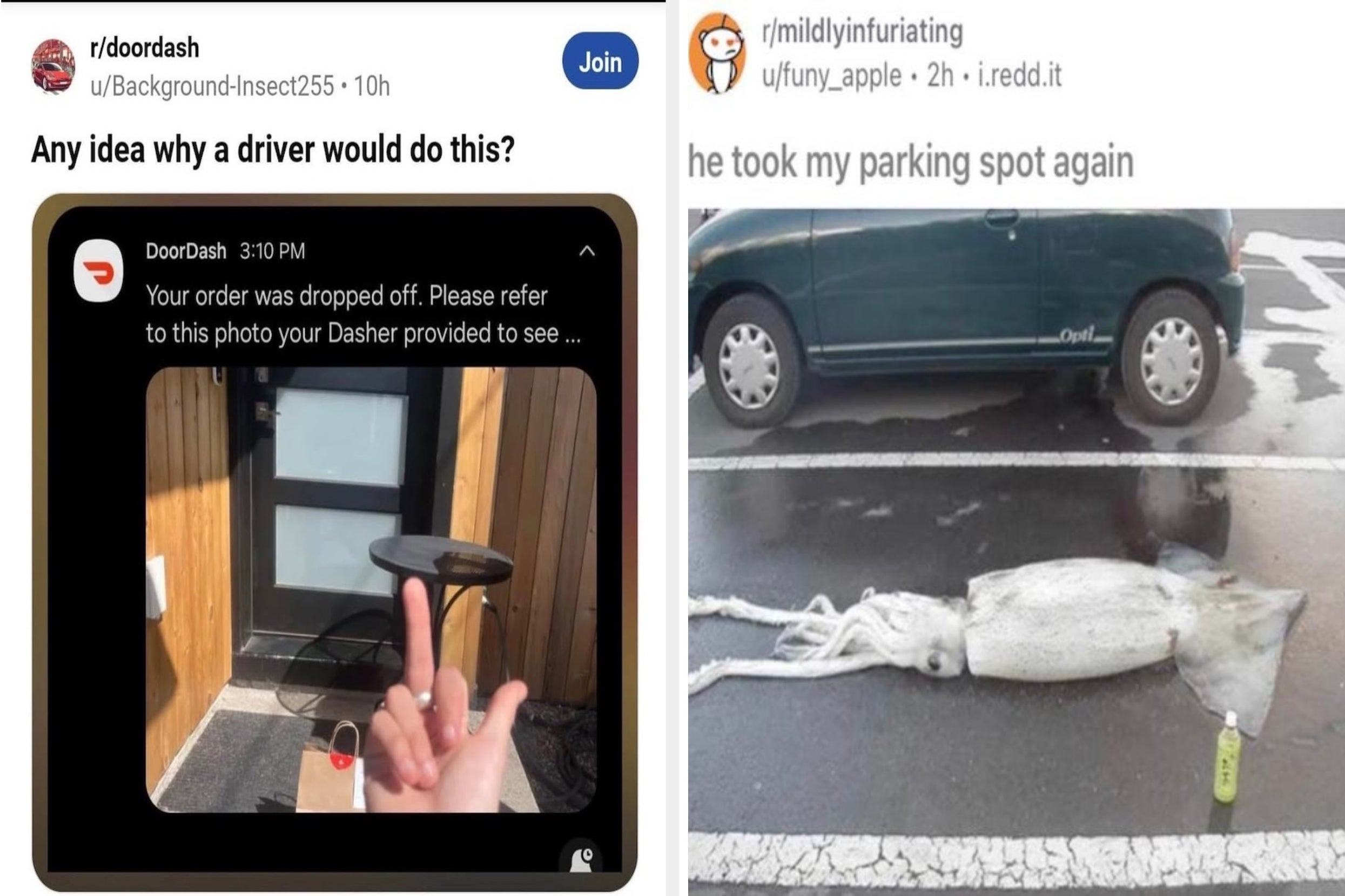 A DoorDash delivery photo shows food left at a door with a hand gesture, alongside a meme of a giant squid in a parking spot