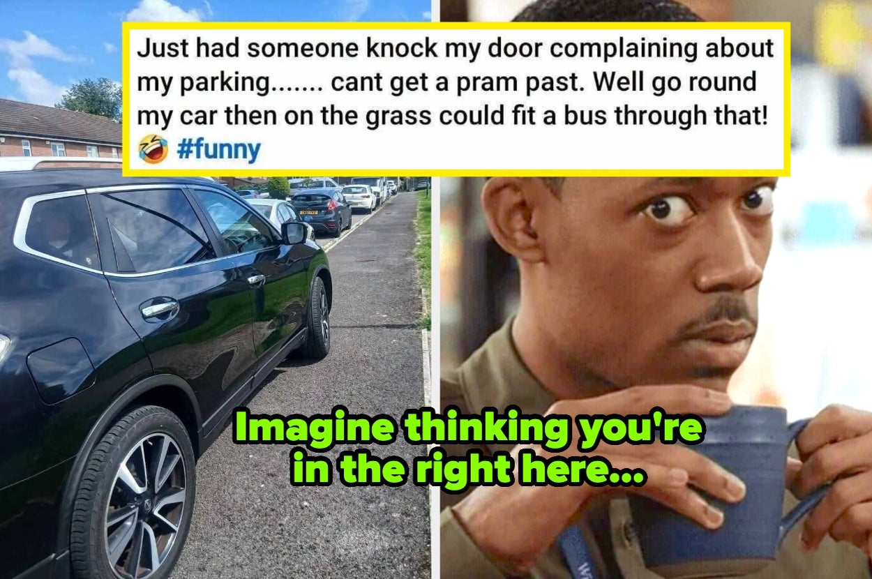 Split image. Left: Car parked on sidewalk blocking path. Right: Meme of person looking skeptical while holding a cup. Text discusses obstructive parking