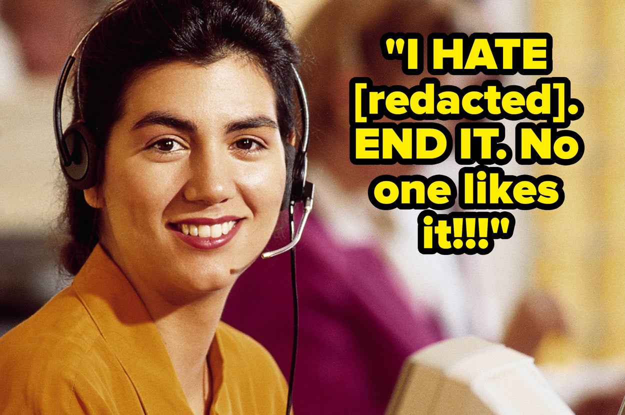 Woman smiling with a headset on in an office with a quote that reads "I HATE [redacted]. END IT. No one likes it!"