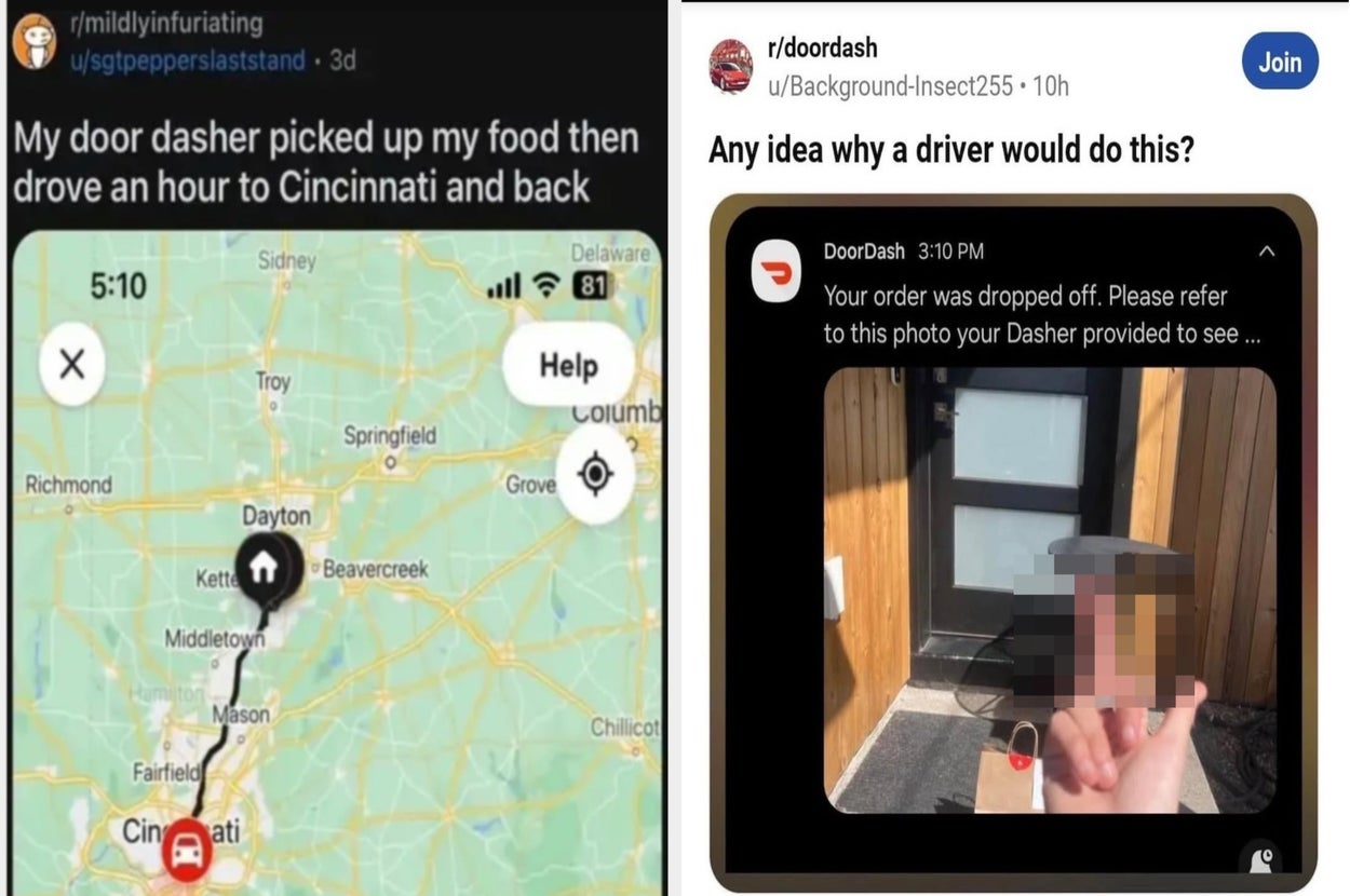 Map showing long delivery route; screenshot of a delivery left by a door, posted online questioning the driver's decisions