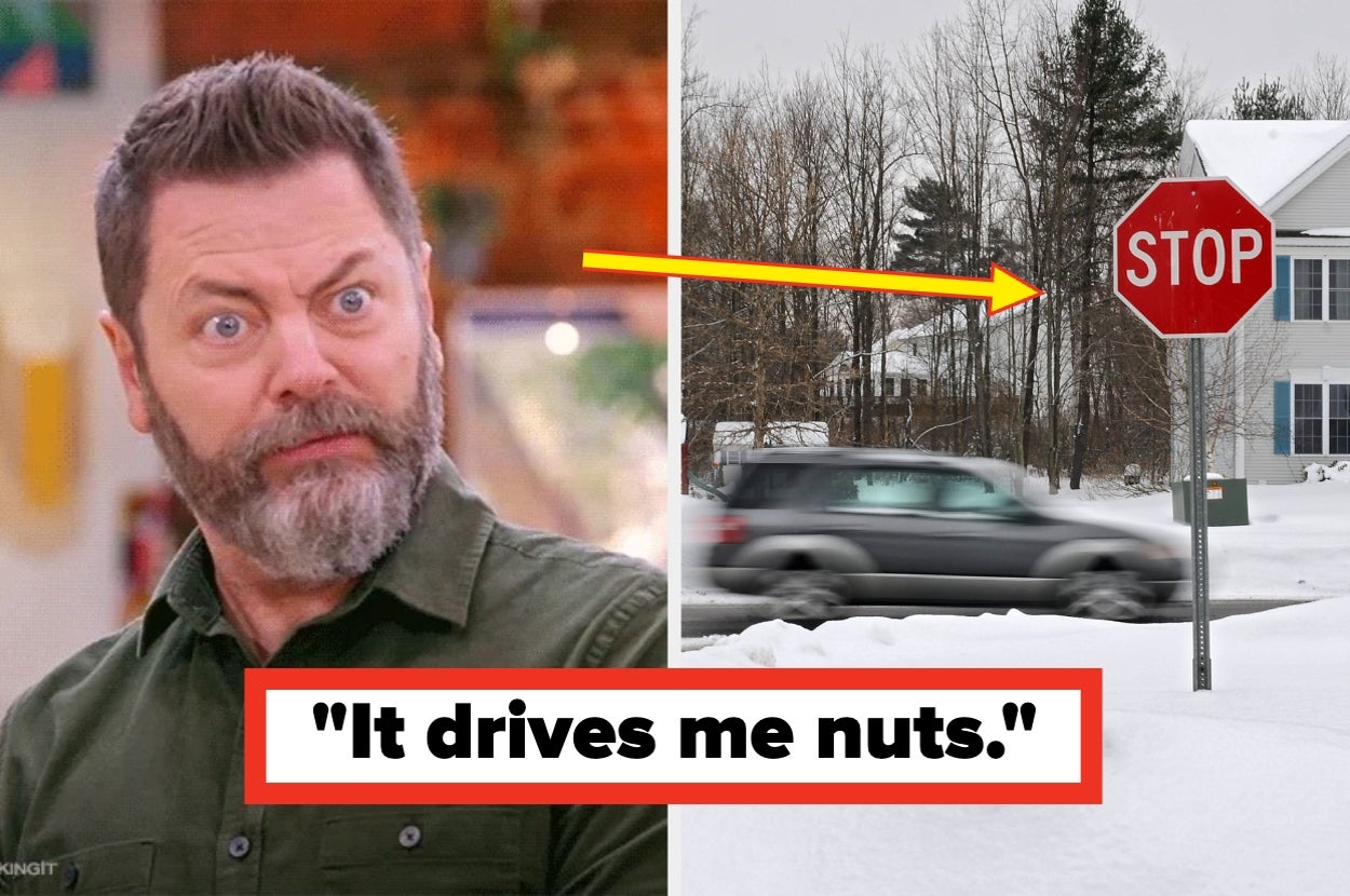 A surprised man on the left, pointing to a stop sign in a snowy scene on the right, with the caption "It drives me nuts."