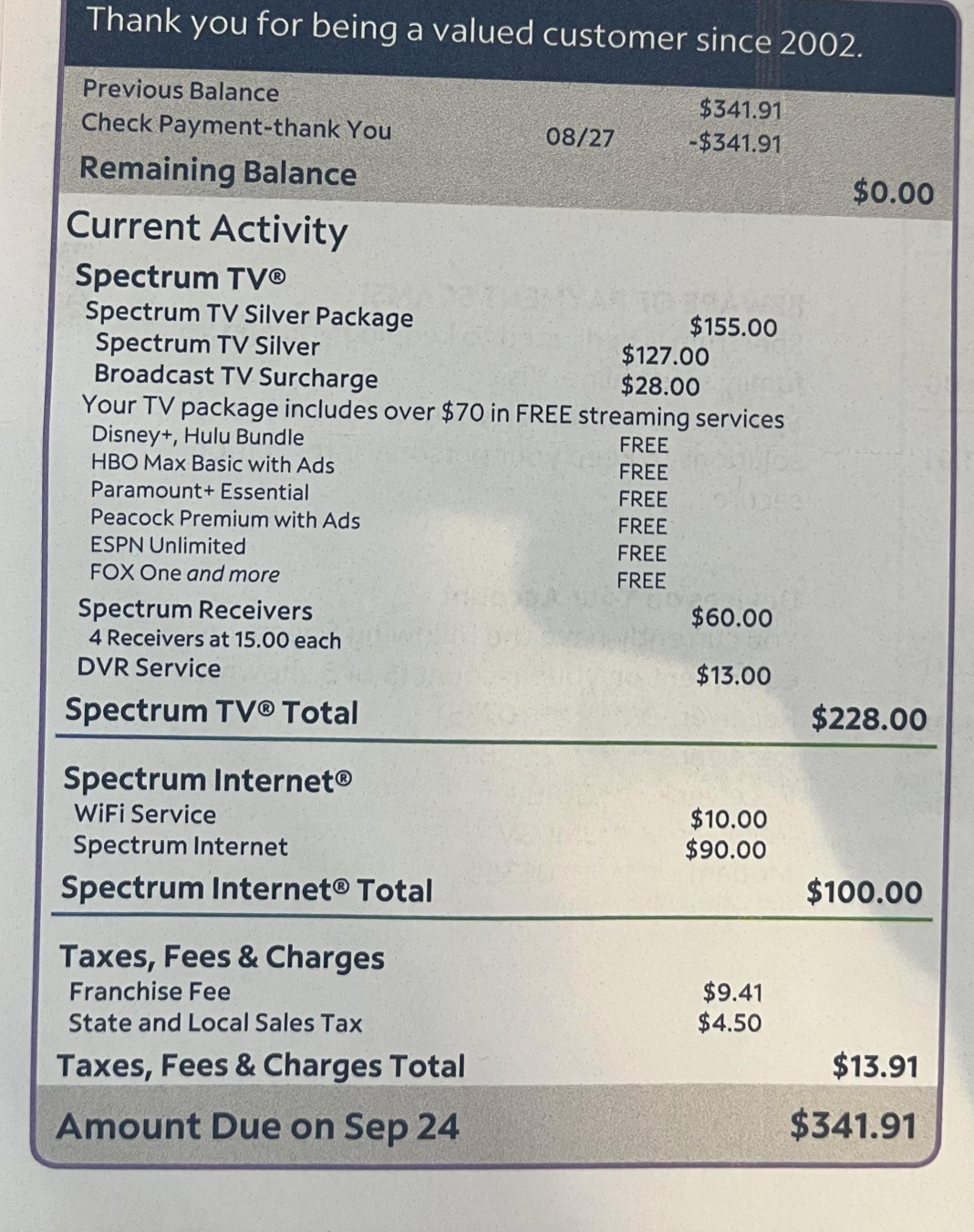 Summary of a bill for TV package and fees: Total due $341.91