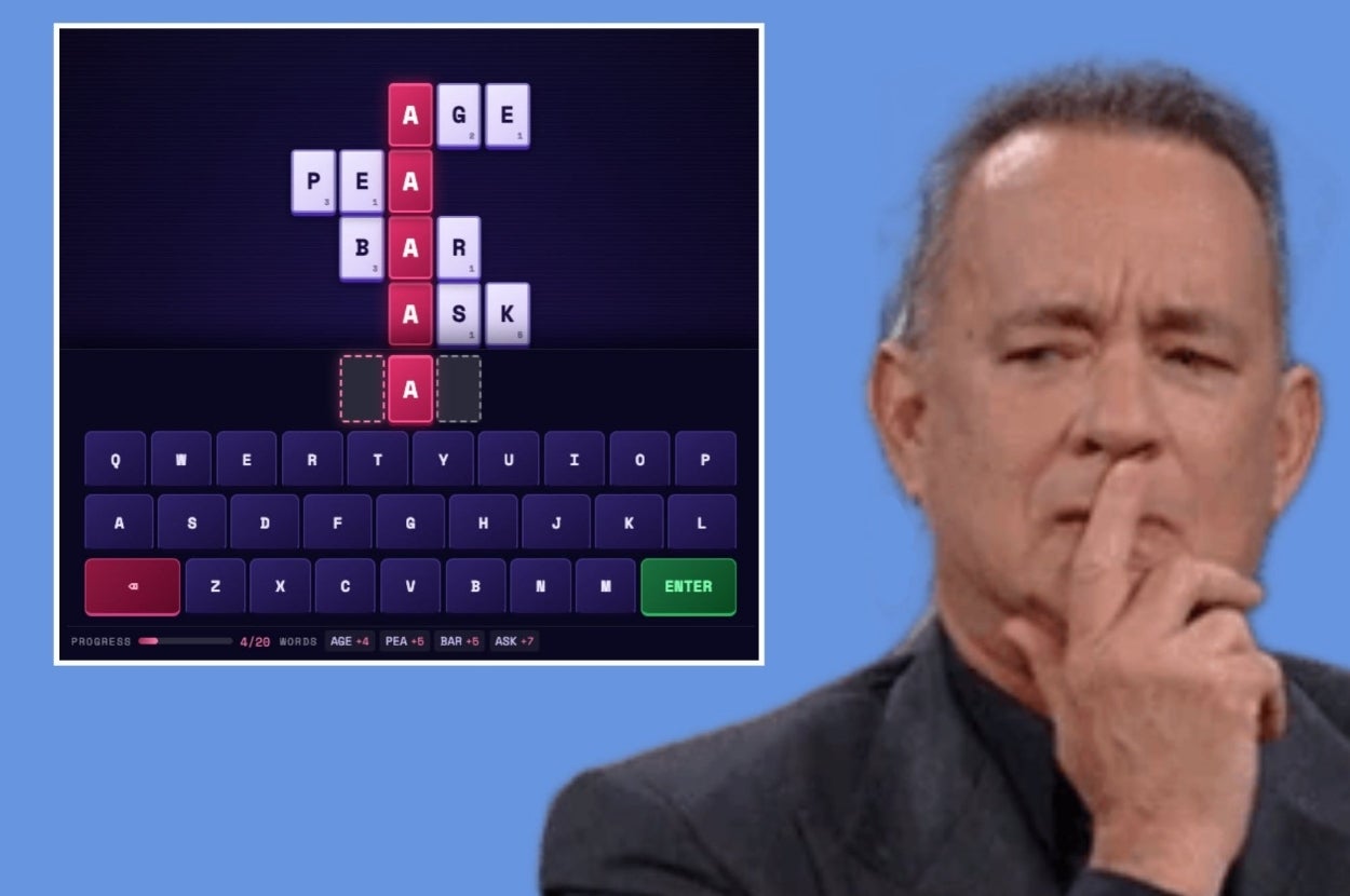 Person contemplating while looking at a word puzzle game on a screen with partially solved words