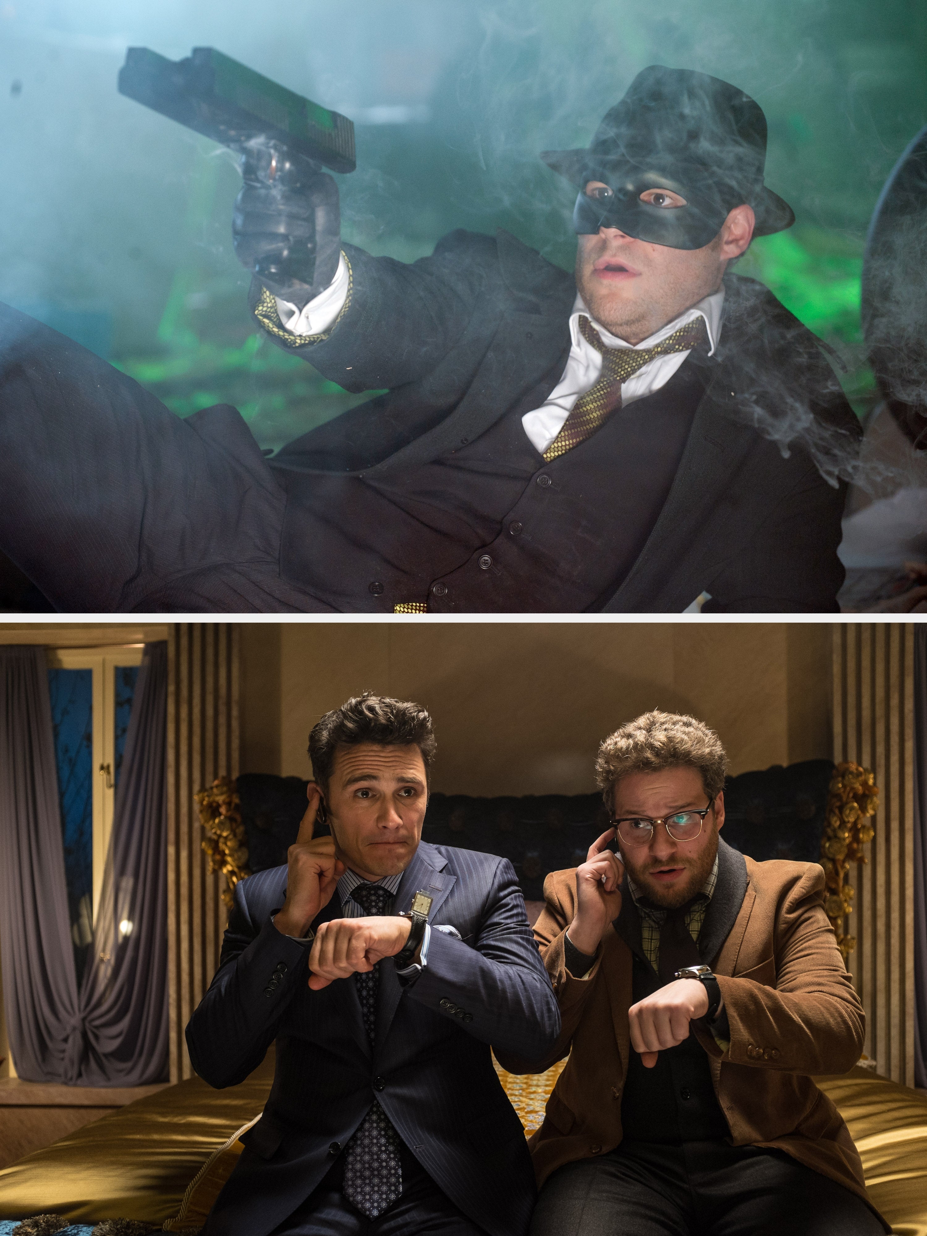 Seth Rogen in a suit, fedora, and mask holding a gun, posing dramatically in The Green Hornet vs James Franco and Seth Rogen holding up their watches and listening to earpieces in a scene from The Interview