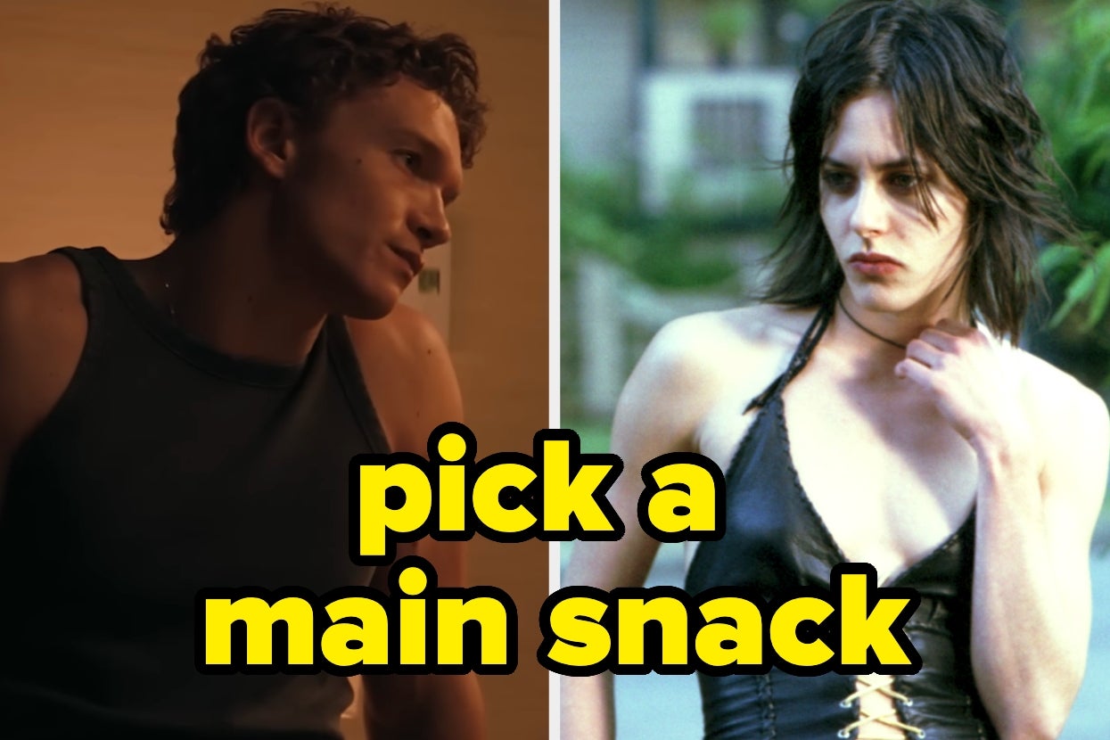 Two side-by-side images of actors from films. Overlay text reads, "pick a main snack."